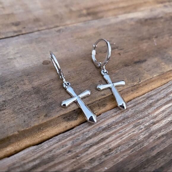 White Gold Cross Huggie Hoop Dangle Earrings 80s Minimalist Religious Punk - Picture 16 of 16